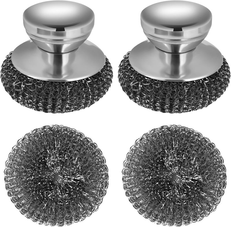 Onewly 2Pack Steel Wool Scrubber Set, Stainless Steel Scrubber with Stainless Steel Handle, for Cleaning Dishes, Cast Iron, Stock Pots, Pans, Griddles, Grills - Image 1